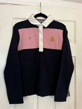 Long-Sleeve Rugby Polo Top in Navy and Pink with White Collar
